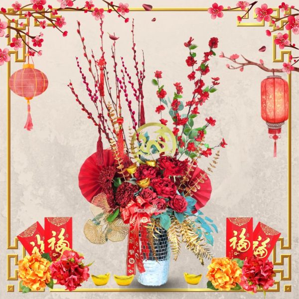 Chinese New Year Table arrangement, CNY Table dekor, rangkaian Imlek pussy willow Huat Ah