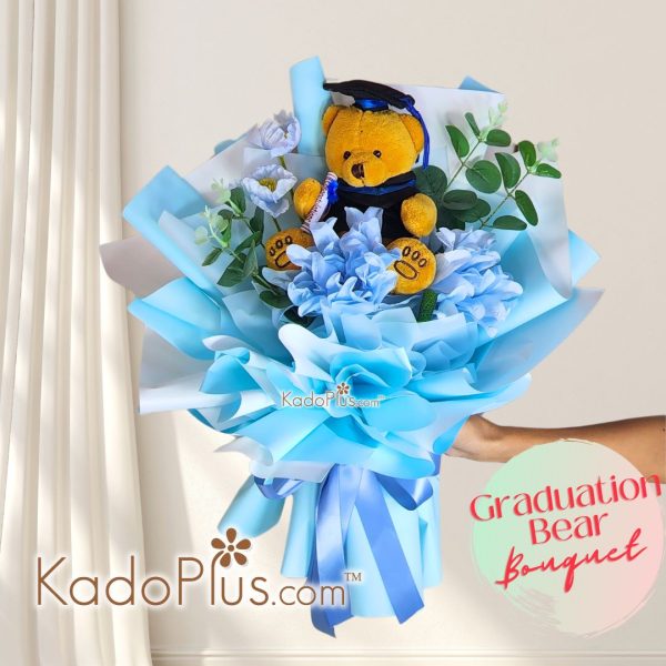 Buket Wisuda Bear Artificial blue. Buket graduation, buket bunga wisuda