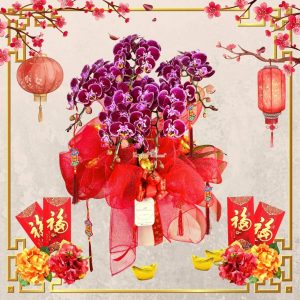 Chinese New Year Hampers wine box with decorations, hampers imlek, rangkaian bunga anggrek imlek, chinese new year flower orchids