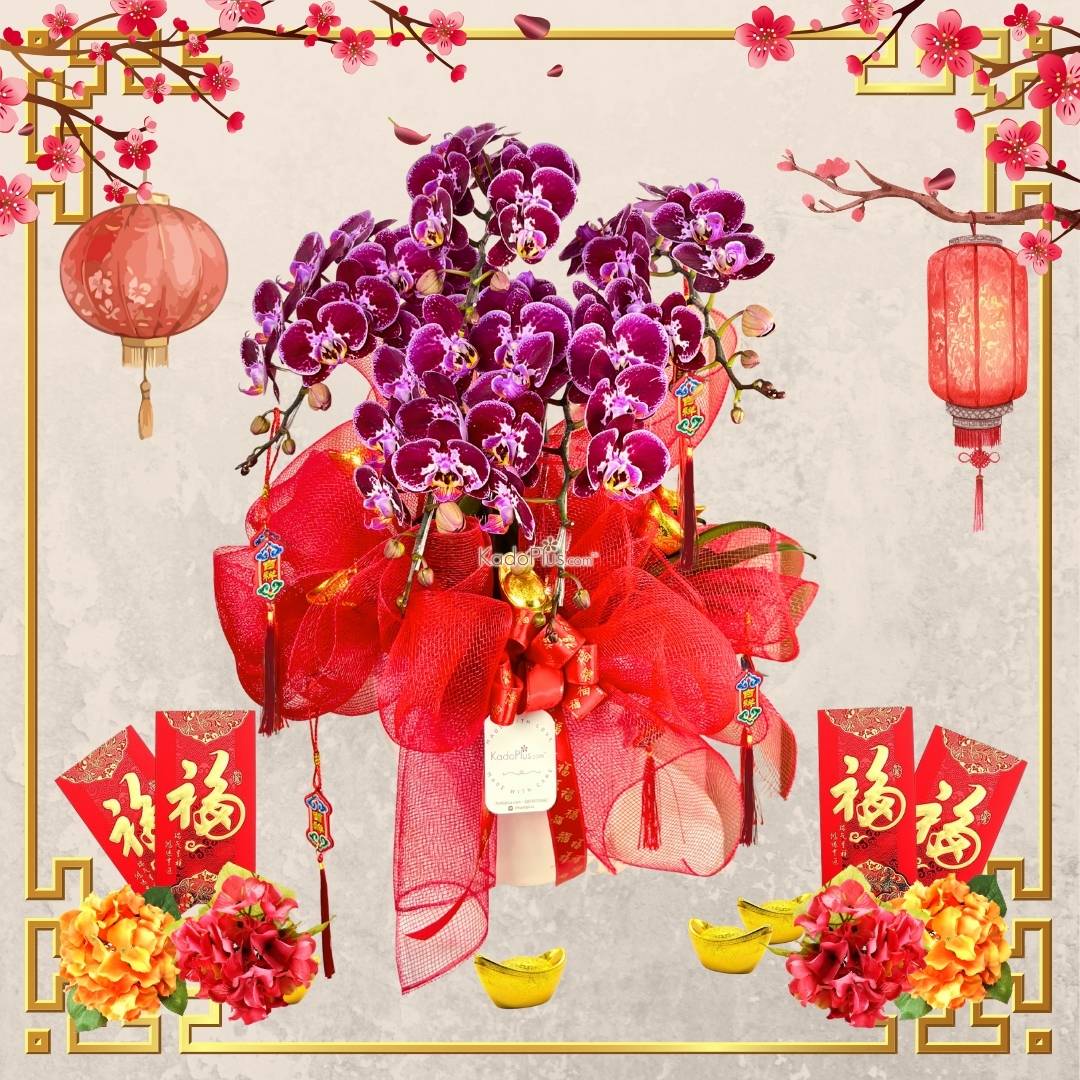 Chinese New Year Hampers wine box with decorations, hampers imlek, rangkaian bunga anggrek imlek, chinese new year flower orchids